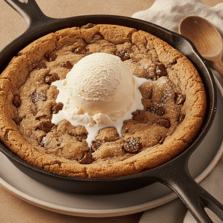 Imagen de un cookie skillet dorado con helado de vainilla, hecho con Mambo