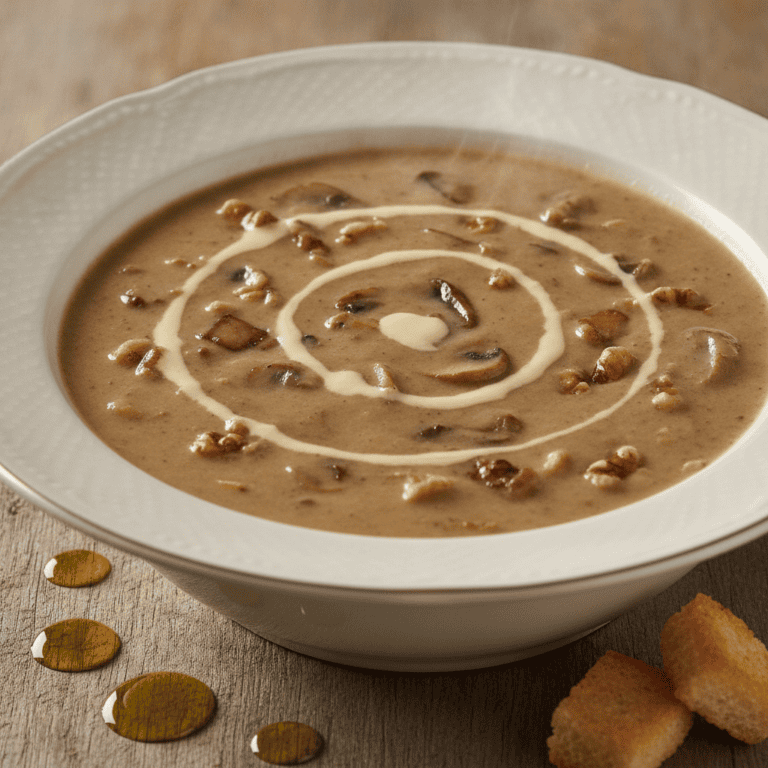 Plato de crema de champiñones y nueces Mambo con bechamel inversa, servido en un plato hondo.