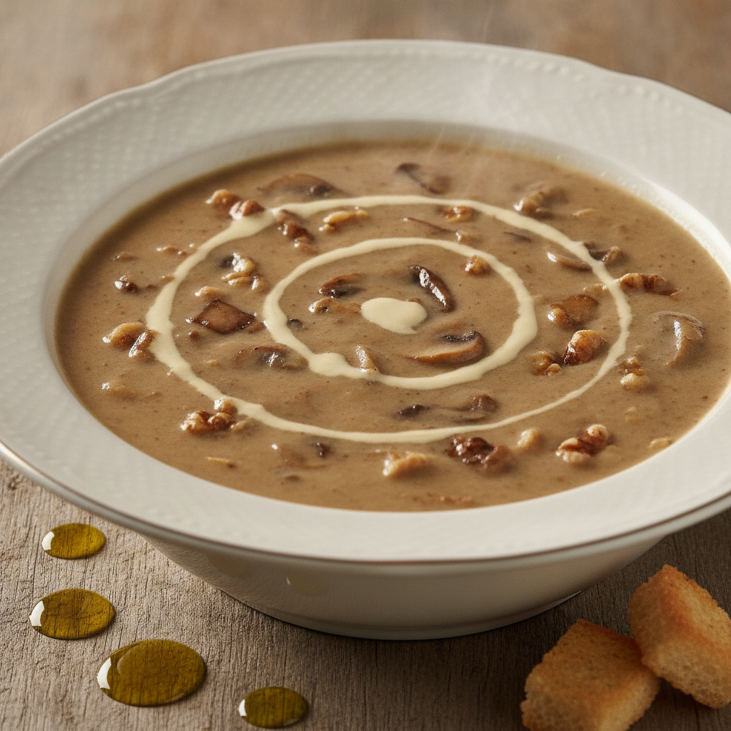 Plato de crema de champiñones y nueces Mambo con bechamel inversa, servido en un plato hondo.