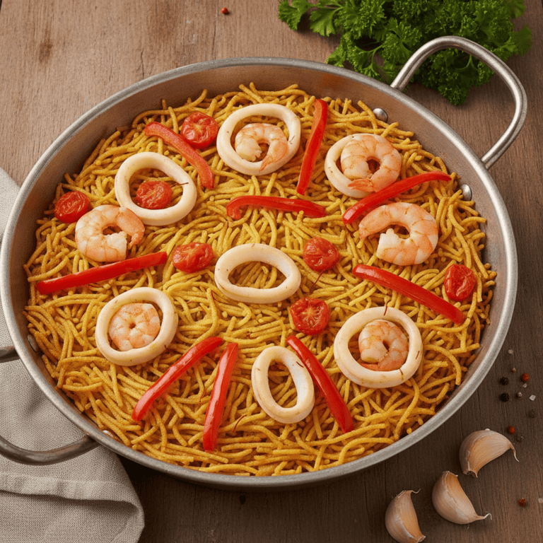 Fideuà tradicional con mariscos, preparada en el robot Mambo de Cecotec, mostrando los fideos dorados y mariscos jugosos.