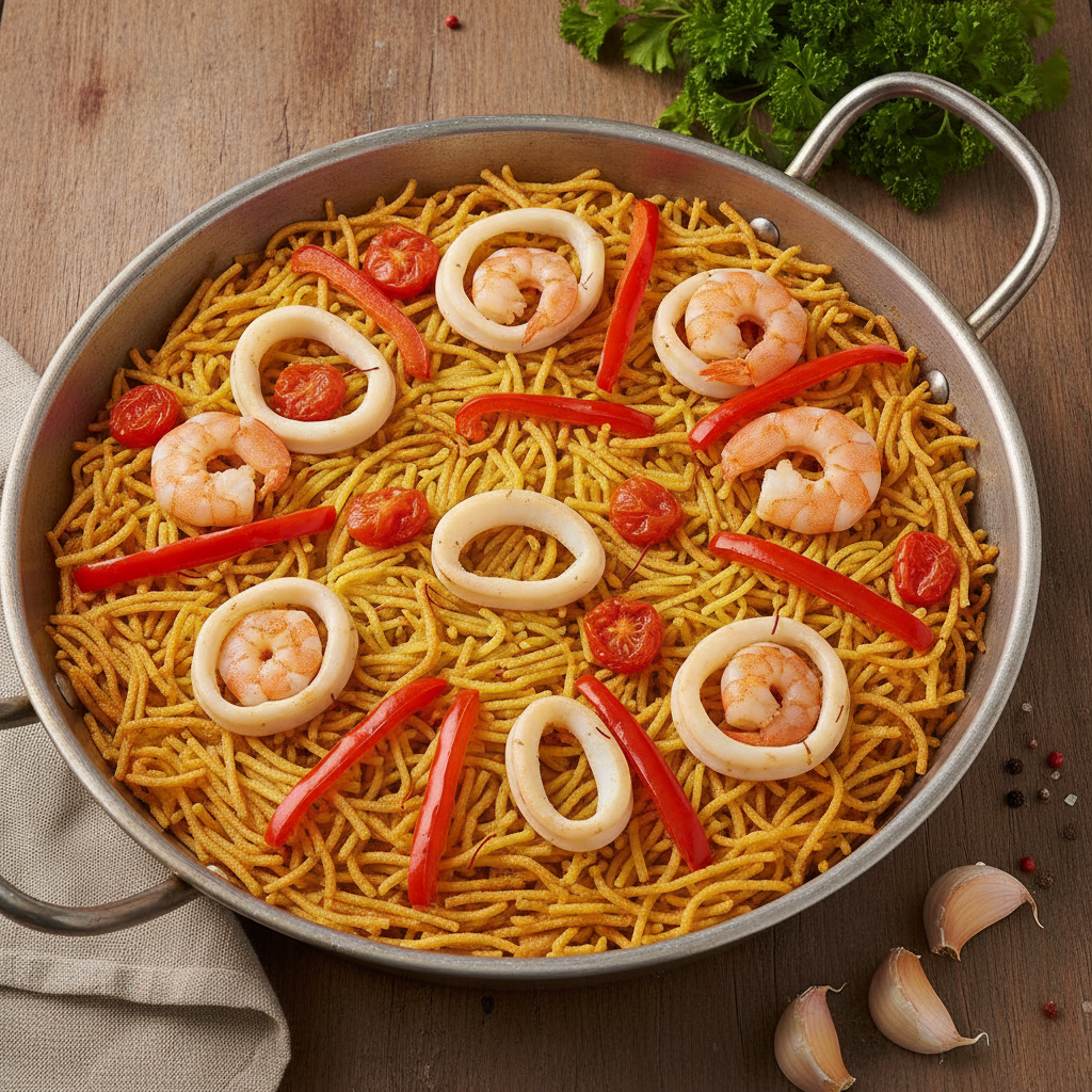 Fideuà tradicional con mariscos, preparada en el robot Mambo de Cecotec, mostrando los fideos dorados y mariscos jugosos.
