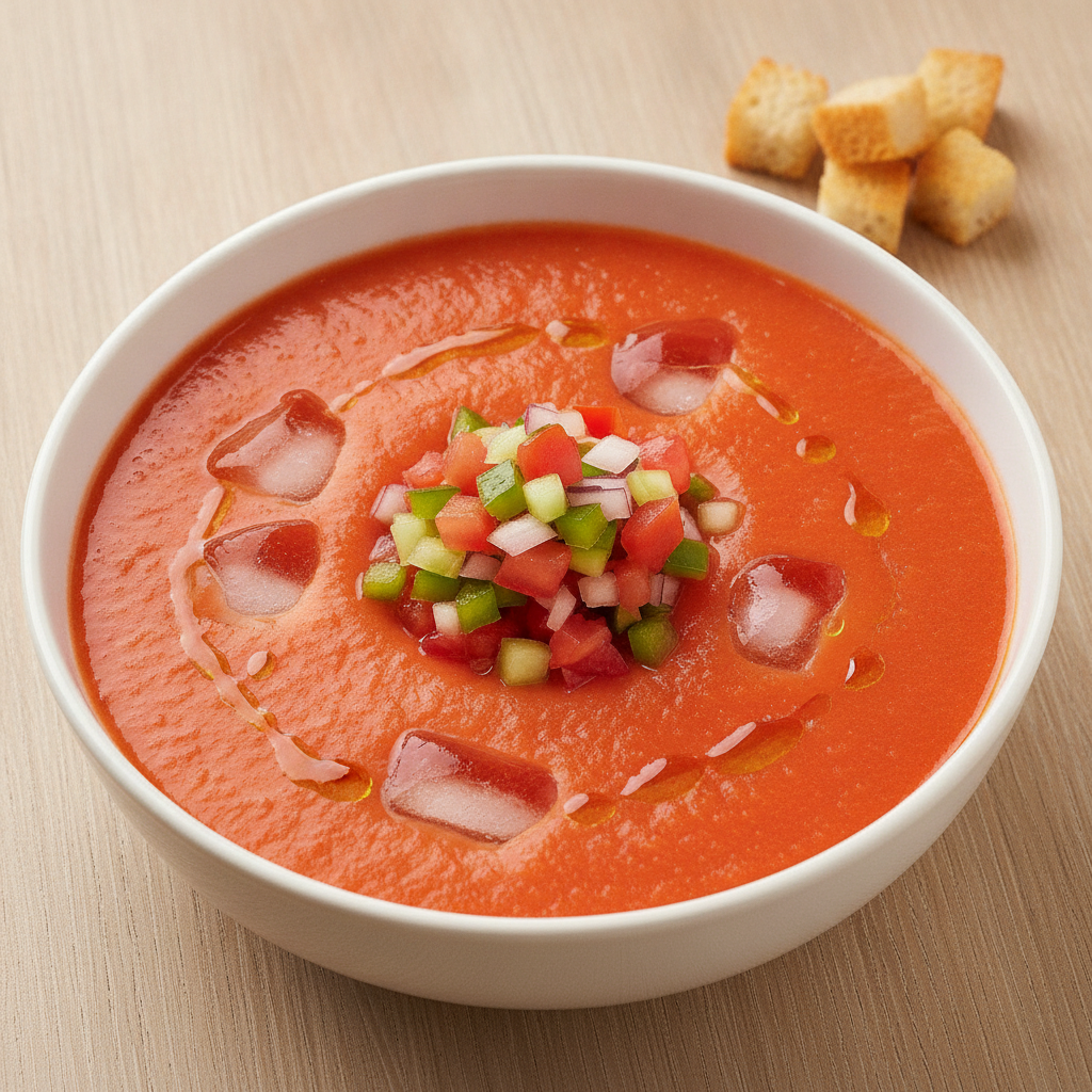 Tazón de Gazpacho Andaluz Mambo Touch Estival, con ingredientes frescos y un toque rústico, perfecto para un día de verano.