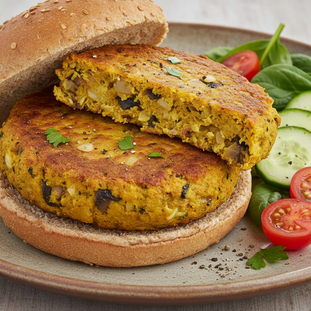 Hamburguesa vegana de champiñones y cúrcuma cocinada en robot Mambo, servida en plato con lechuga y tomate.