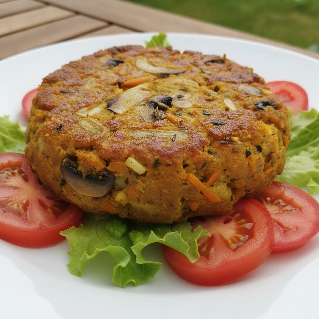 Imagen de una hamburguesa vegana de champiñones y zanahoria Mambo, jugosa y dorada, servida con frescas verduras.