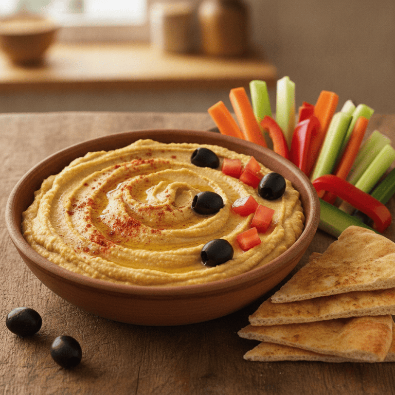 Hummus de lentejas Mambo Cecotec servido con aceitunas y tomate, espolvoreado con pimentón.