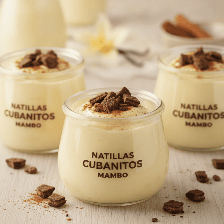 Deliciosas natillas cubicitos mambo servidas en un cuenco, perfectas para un postre rápido y sabroso.
