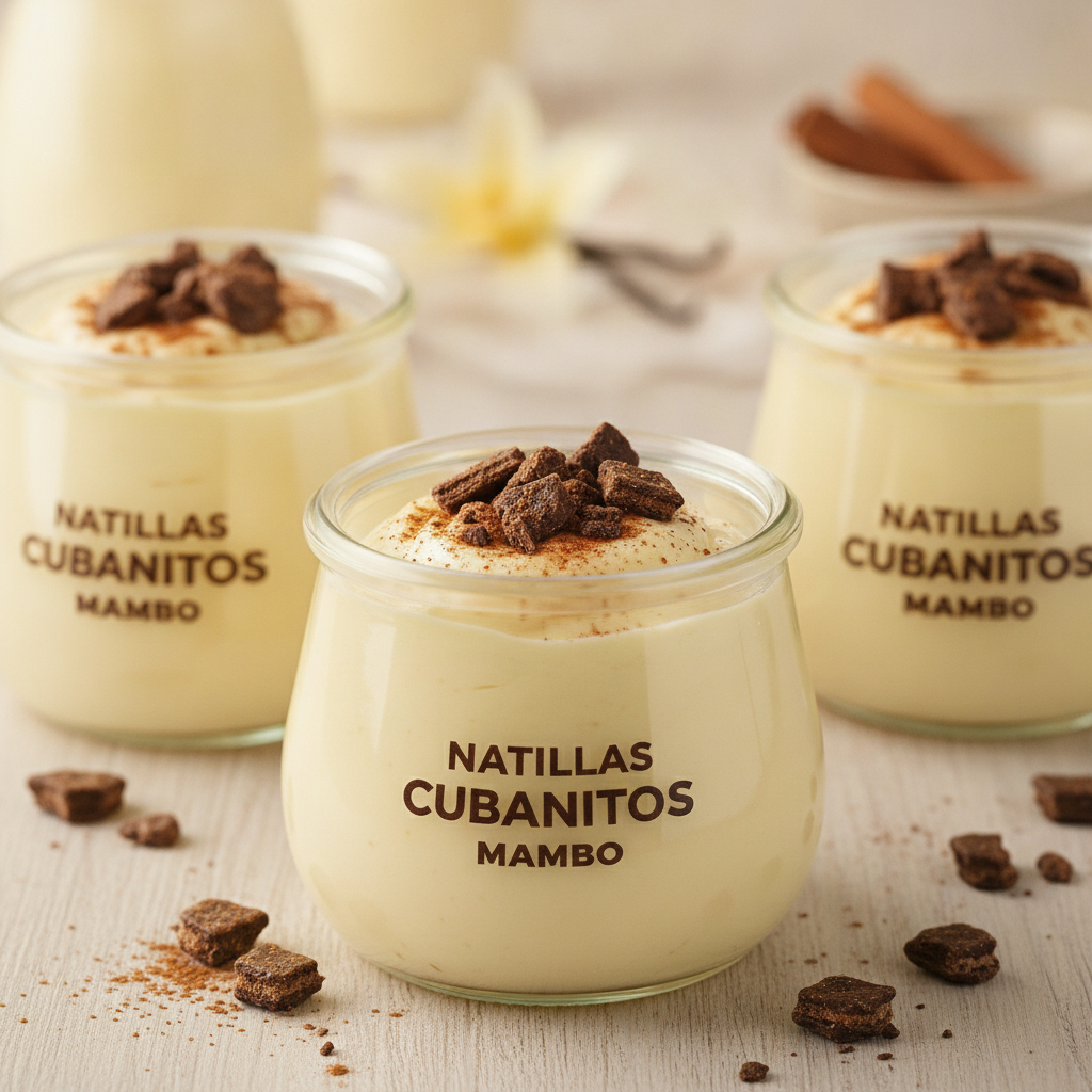 Deliciosas natillas cubicitos mambo servidas en un cuenco, perfectas para un postre rápido y sabroso.