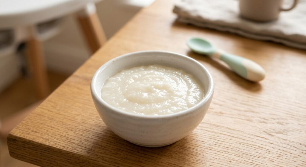 Papilla de arroz blanco para bebés, hecha con Mambo, en un bol colorido.