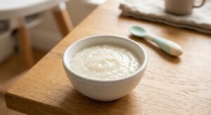 Papilla de arroz blanco para bebés, hecha con Mambo, en un bol colorido.