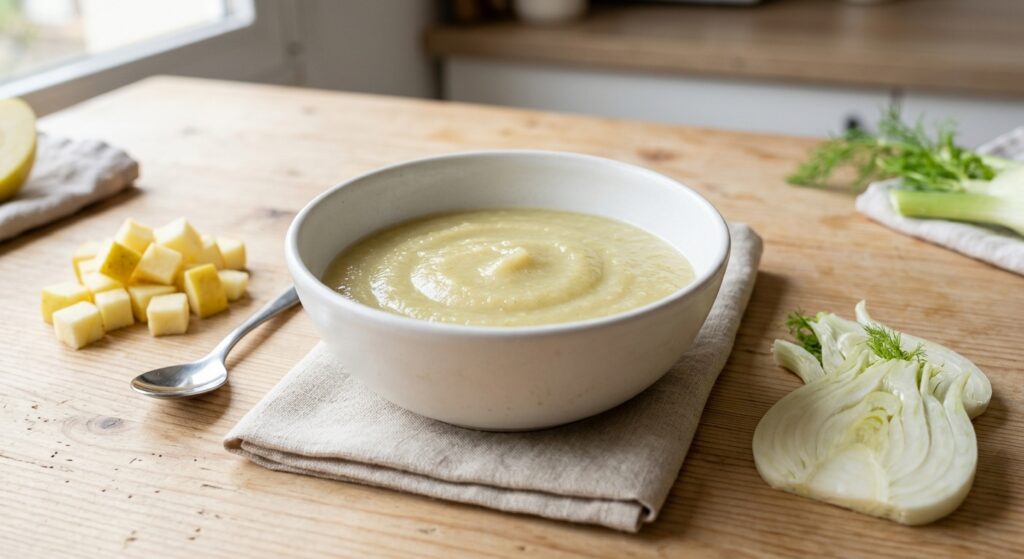 Puré de hinojo y manzana en un cuenco blanco sobre una mesa de madera, preparado con Mambo de Cecotec.