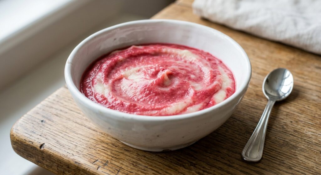 Puré de color rosa vibrante de remolacha y patata, preparado en un robot de cocina Mambo de Cecotec.