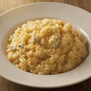 Plato de risotto cítricos gorgonzola mambo cecotec, con textura cremosa y adornos de ralladuras de cítrico.