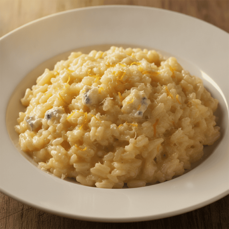 Plato de risotto cítricos gorgonzola mambo cecotec, con textura cremosa y adornos de ralladuras de cítrico.
