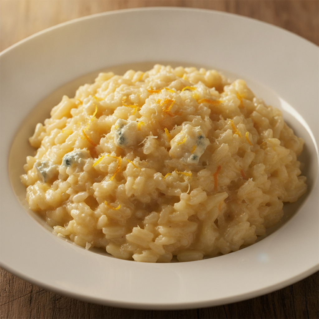 Plato de risotto cítricos gorgonzola mambo cecotec, con textura cremosa y adornos de ralladuras de cítrico.