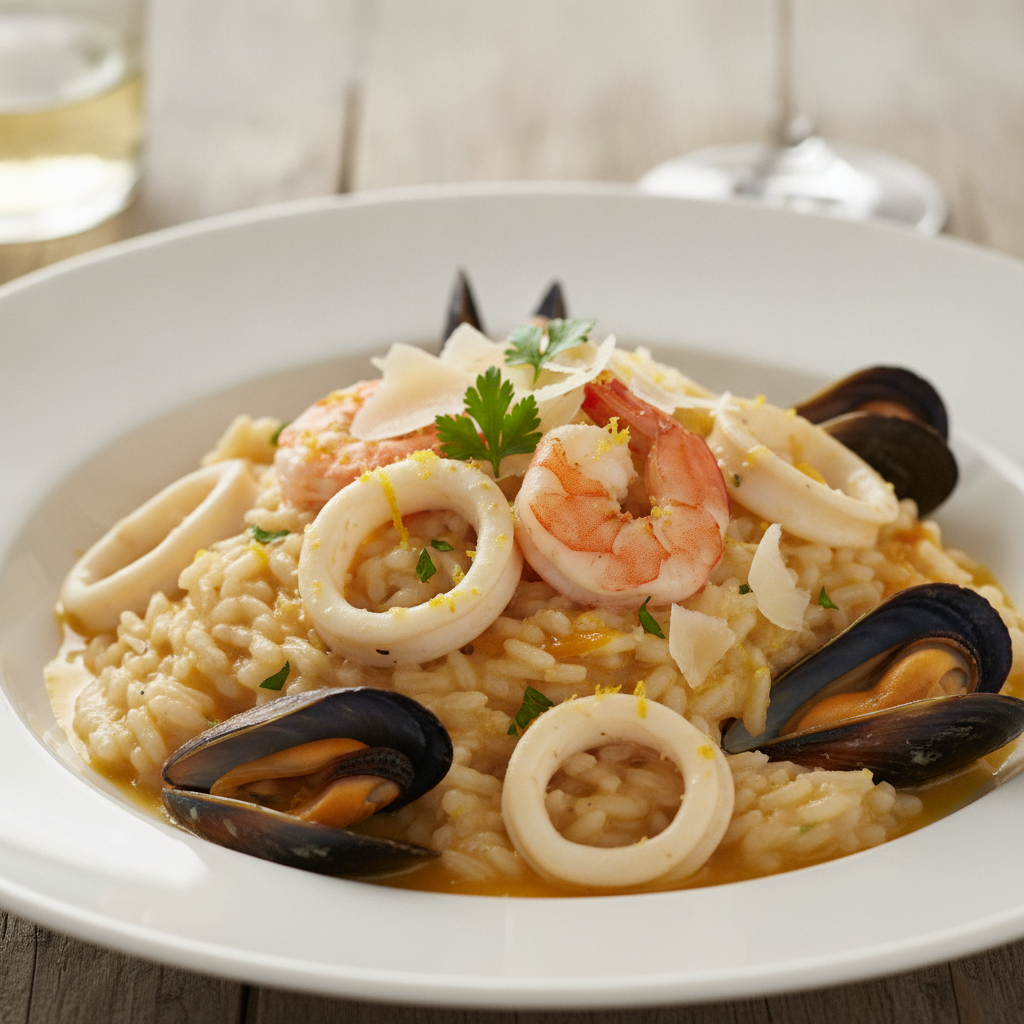Plato de risotto marisco cítricos preparado con el Mambo de Cecotec, mostrando textura cremosa y toques cítricos vivos.