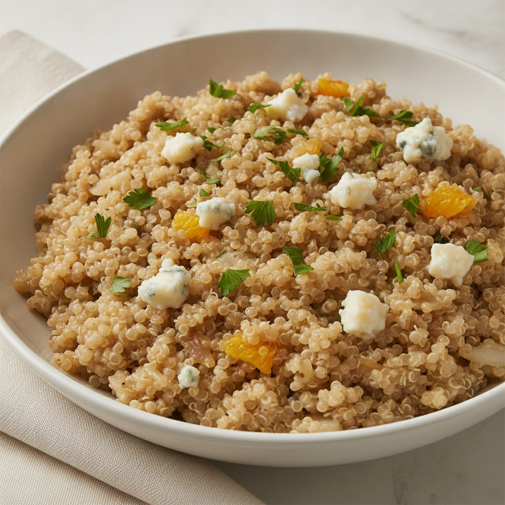 Risotto de quinoa con cítricos y gorgonzola, preparado en Mambo Cecotec.