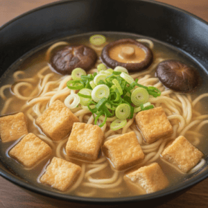 Bowl de sopa ramen con tofu crujiente y verduras, preparado con Mambo de Cecotec.