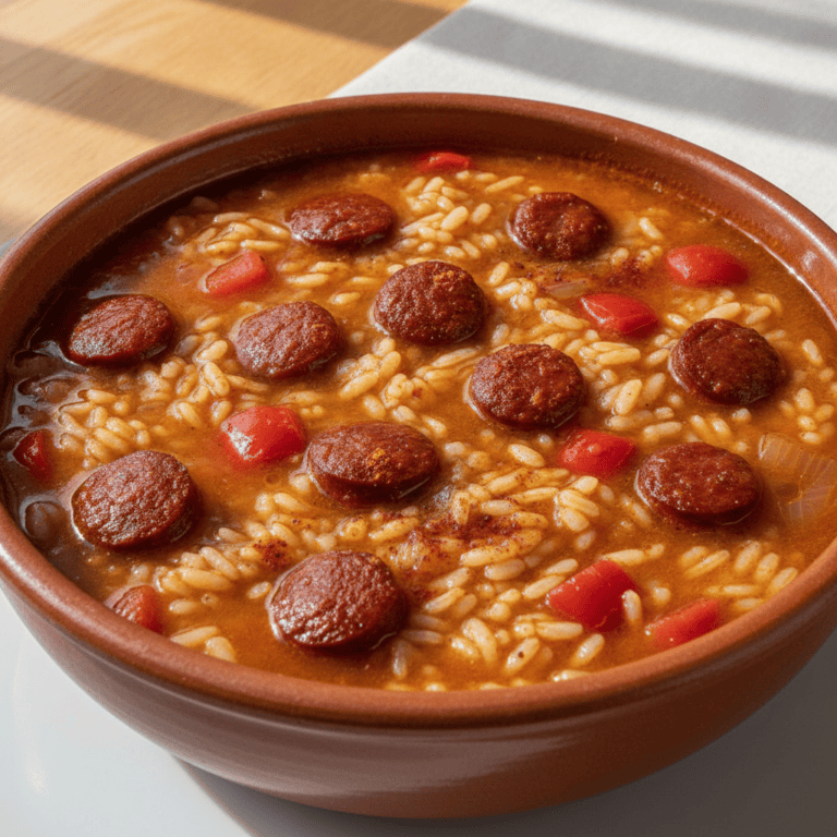 Plato de arroz caldoso con chorizo cocinado en Mambo de Cecotec, mostrando texturas y colores vibrantes del arroz y chorizo.