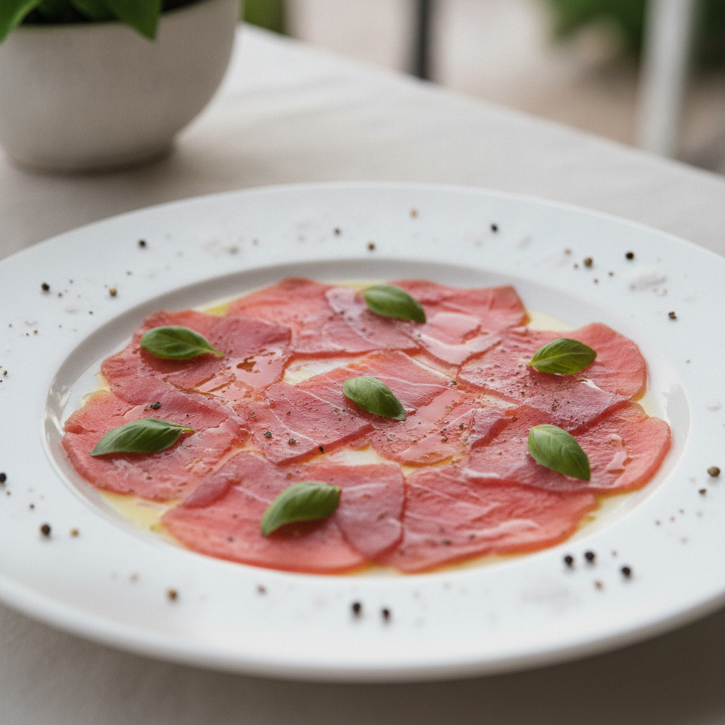 Una imagen de carpaccio de lomo y ventresca de atún rojo, preparado con el robot de cocina Mambo de Cecotec.