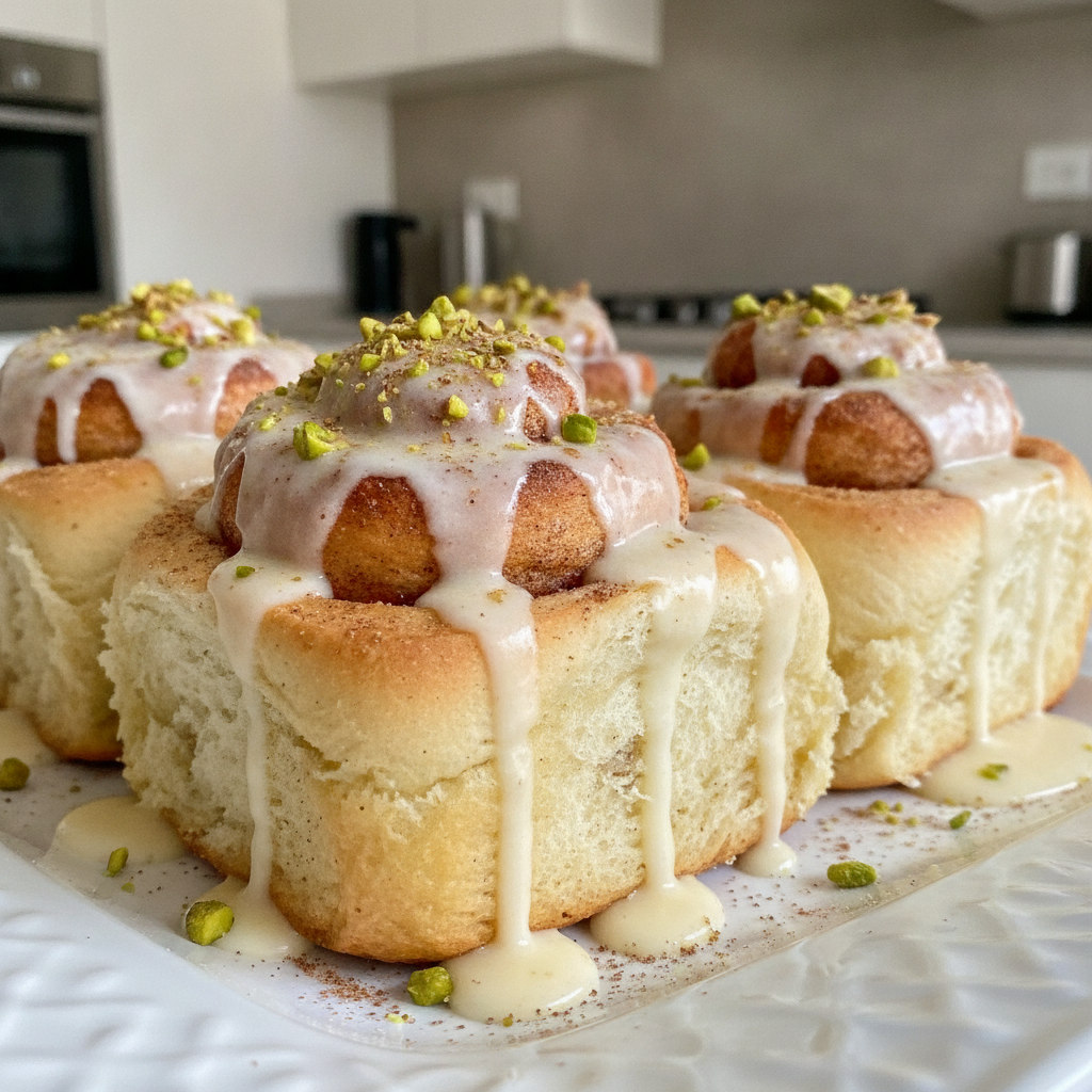 Cinnamon rolls de pistacho con un rico glaseado de queso, preparados en el robot de cocina Mambo de Cecotec.