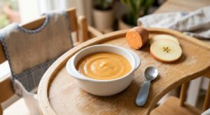 Crema de boniato y manzana en un bol blanco, ideal para bebés, hecha con Mambo de Cecotec.