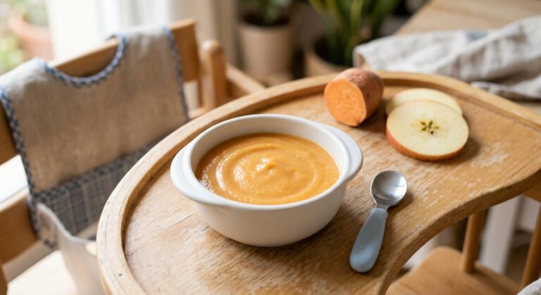Crema de boniato y manzana en un bol blanco, ideal para bebés, hecha con Mambo de Cecotec.