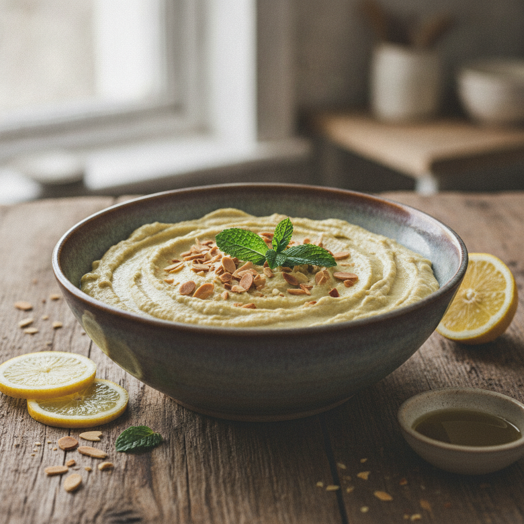 Bol de hummus de alcachofas Mambo, adornado con almendras tostadas y hierbabuena, preparado con robot Mambo.