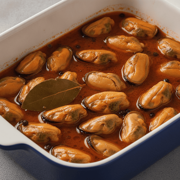 Mejillones en escabeche mambo servidos en un plato rústico, cocinados con el robot de cocina Mambo de Cecotec.