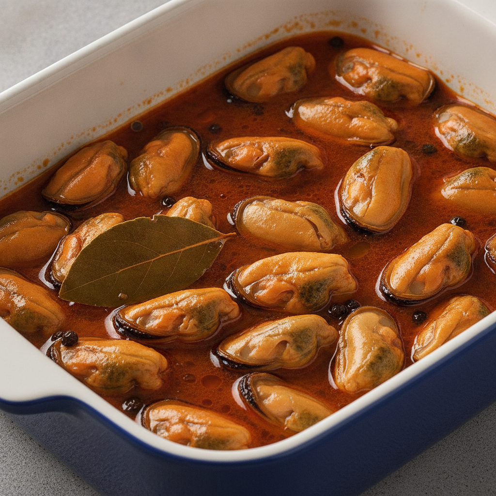 Mejillones en escabeche mambo servidos en un plato rústico, cocinados con el robot de cocina Mambo de Cecotec.