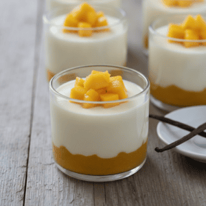 Pannacotta de chirimoya y mango servida en plato blanco, decorada con frutas frescas, preparada en Mambo.