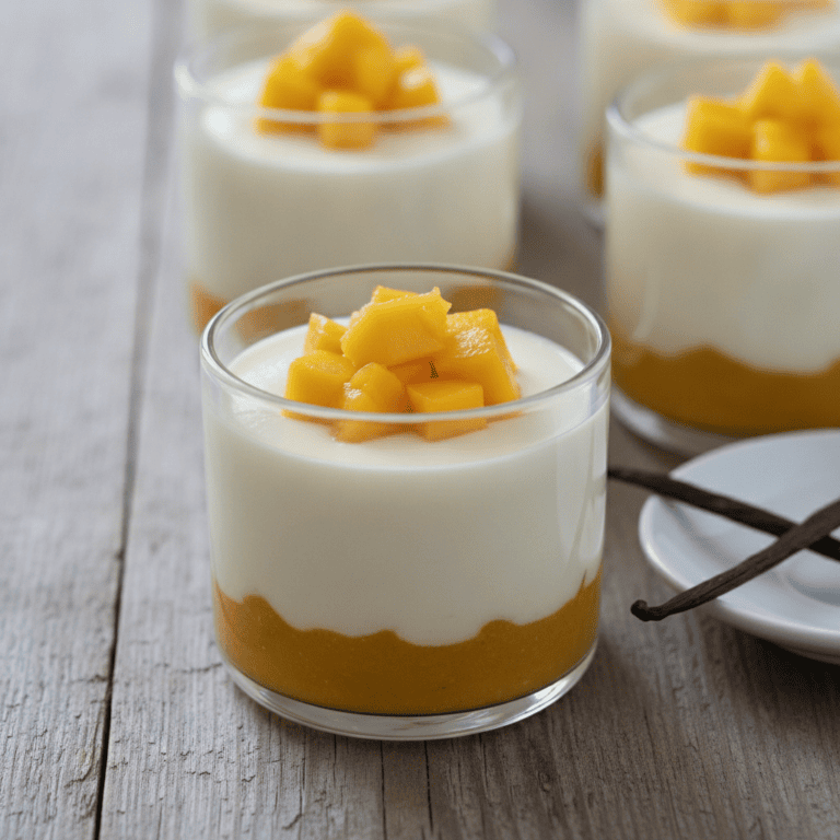 Pannacotta de chirimoya y mango servida en plato blanco, decorada con frutas frescas, preparada en Mambo.