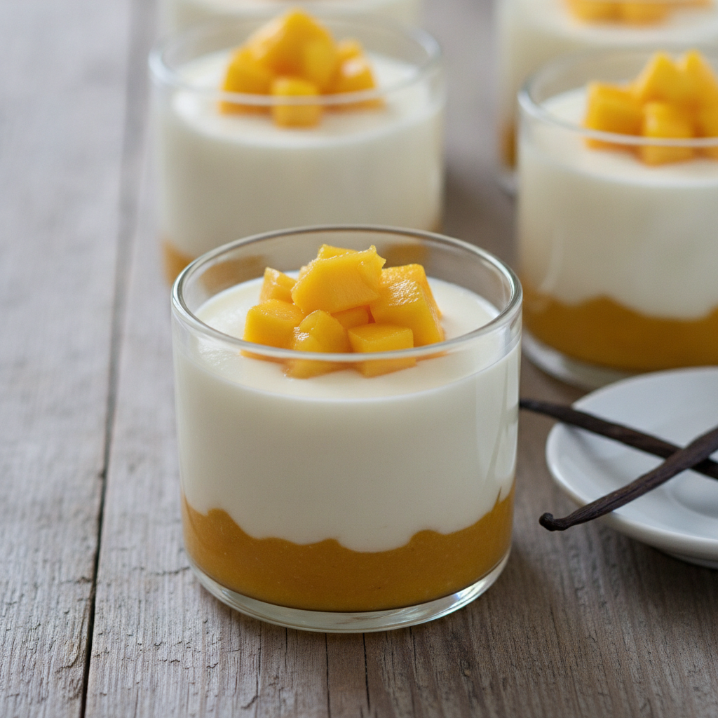 Pannacotta de chirimoya y mango servida en plato blanco, decorada con frutas frescas, preparada en Mambo.