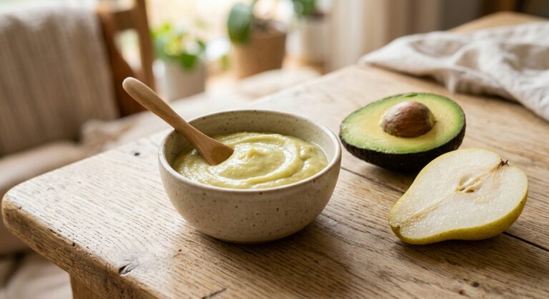 Papilla de pera y aguacate, suave y homogénea, preparada con Mambo.
