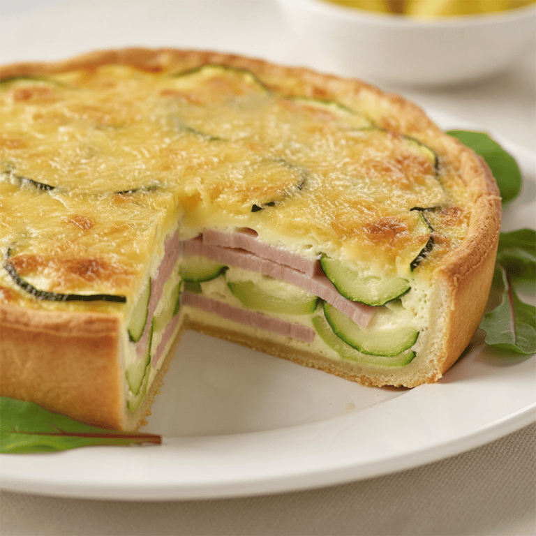 Pastel de calabacín y jamón york cocinado en Mambo, mostrando capas de verdura y carne en un molde transparente.
