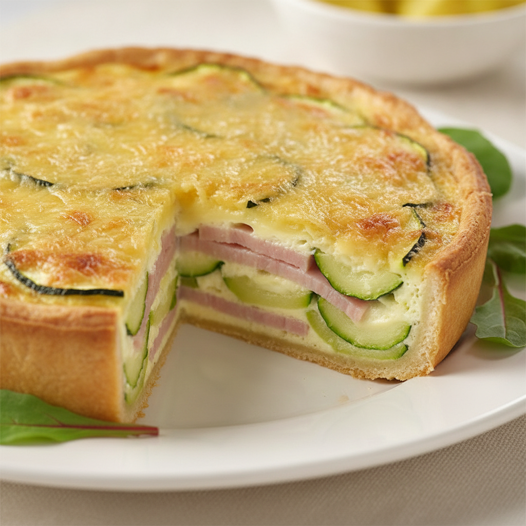 Pastel de calabacín y jamón york cocinado en Mambo, mostrando capas de verdura y carne en un molde transparente.