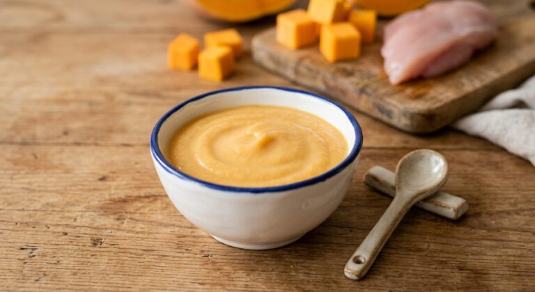 Potito de pavo y calabaza suave y cremoso, hecho con Mambo, ideal para la alimentación inicial de bebés.