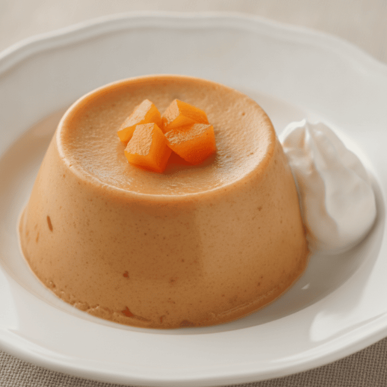 Pudding de caqui Mambo servido en un plato con nata montada y decoración de menta.