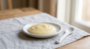 Puré de colinabo para bebés, hecho con Mambo, en un bol blanco sobre mesa de madera.