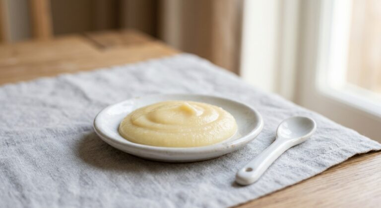 Puré de colinabo para bebés, hecho con Mambo, en un bol blanco sobre mesa de madera.