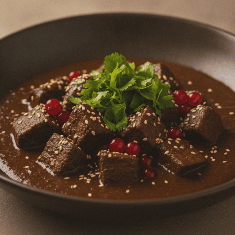 Plato de ragout mole poblano mambo, cubierto con sésamo y cilantro fresco, cocinado en Mambo de Cecotec.