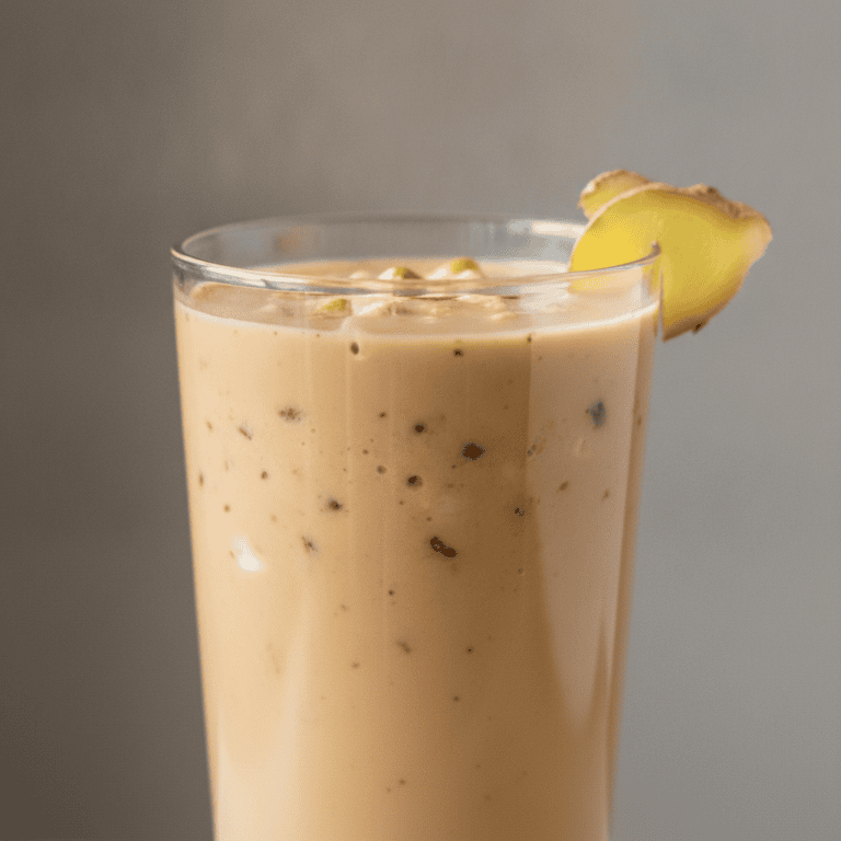 Smoothie cremoso de café frío con jengibre, coco, anacardos y dátiles, perfecto para un día caluroso.