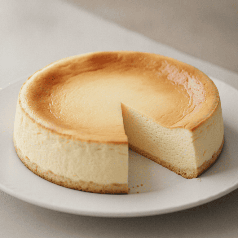 Tarta de queso al horno cremosa en un plato, con textura suave y dorada.