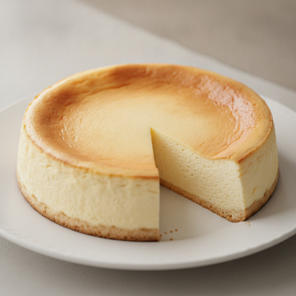 Tarta de queso al horno cremosa en un plato, con textura suave y dorada.