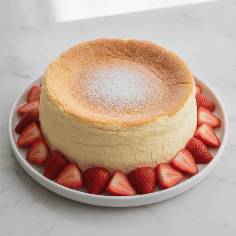 Tarta de queso japonesa Mambo, esponjosa y servida en plato blanco.