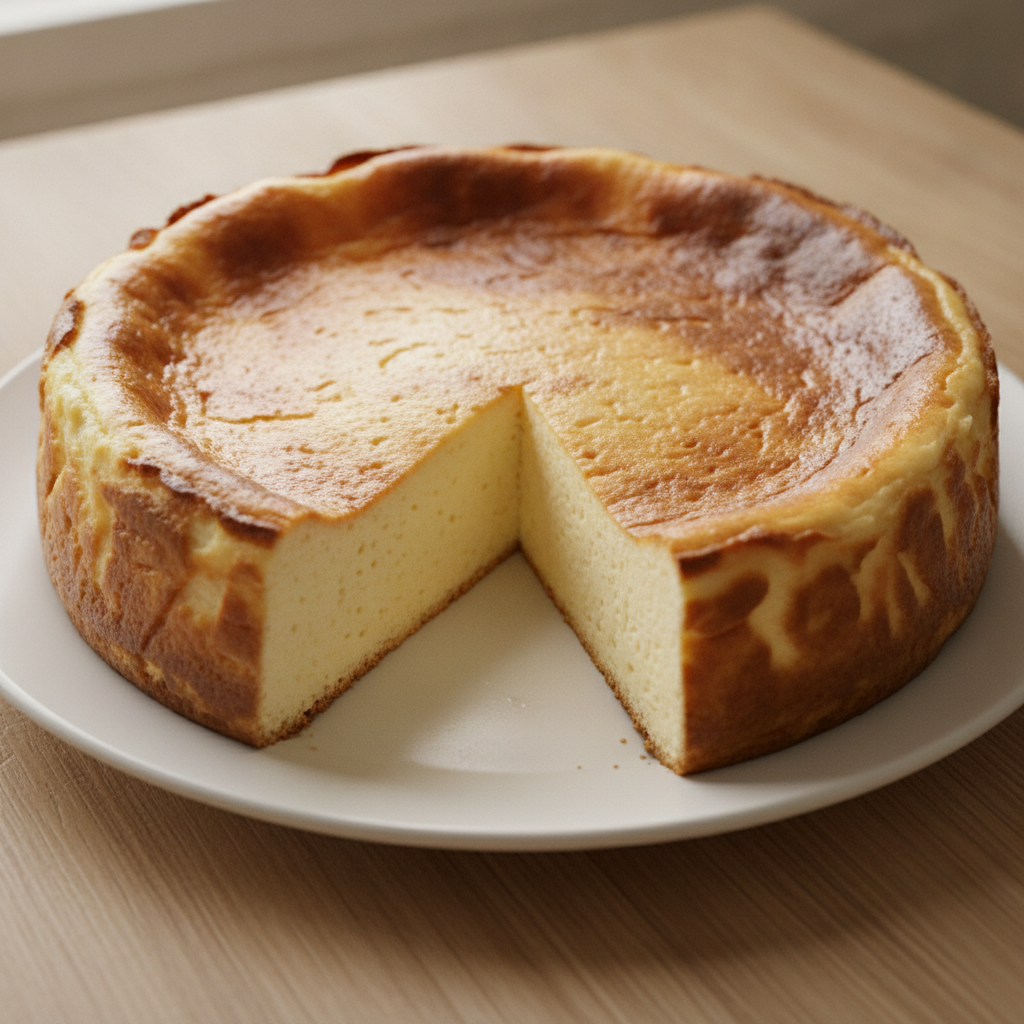 Imagen de una tarta de queso La Viña Mambo, cremosa y con una superficie dorada, servida en un plato cerámico.