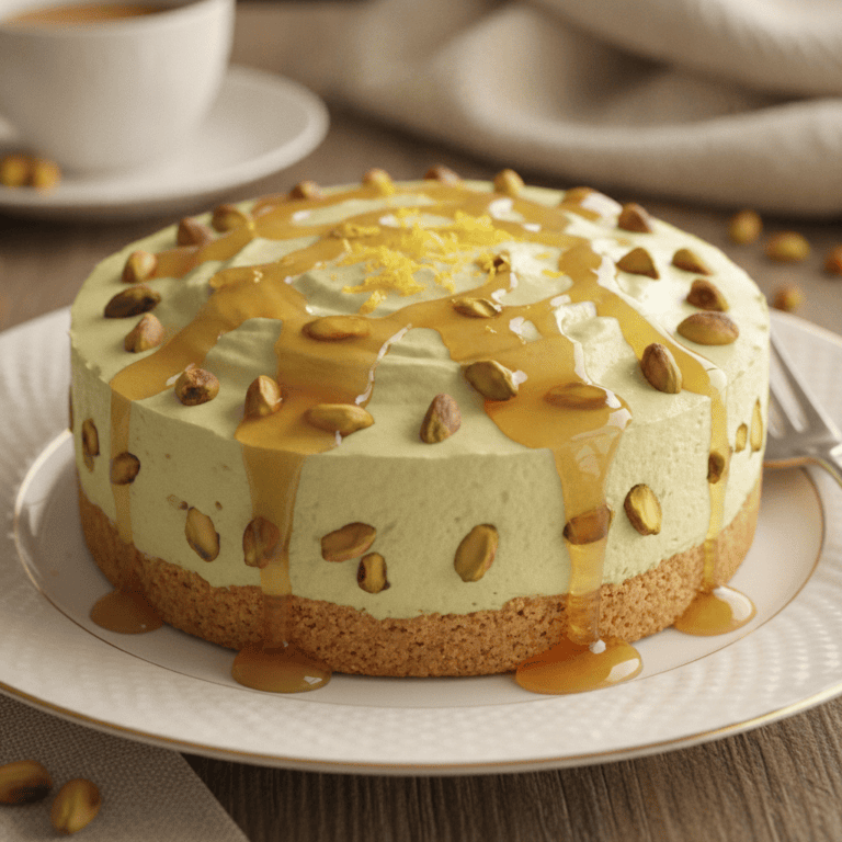 Tarta de queso con pistachos y miel, preparada con el robot Mambo de Cecotec, sobre fondo de madera.