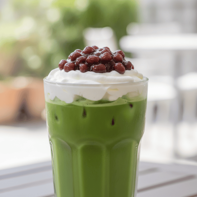 Vaso de Té Matcha Adzuki Mambo, con capas visibles de té, crema y adzuki.