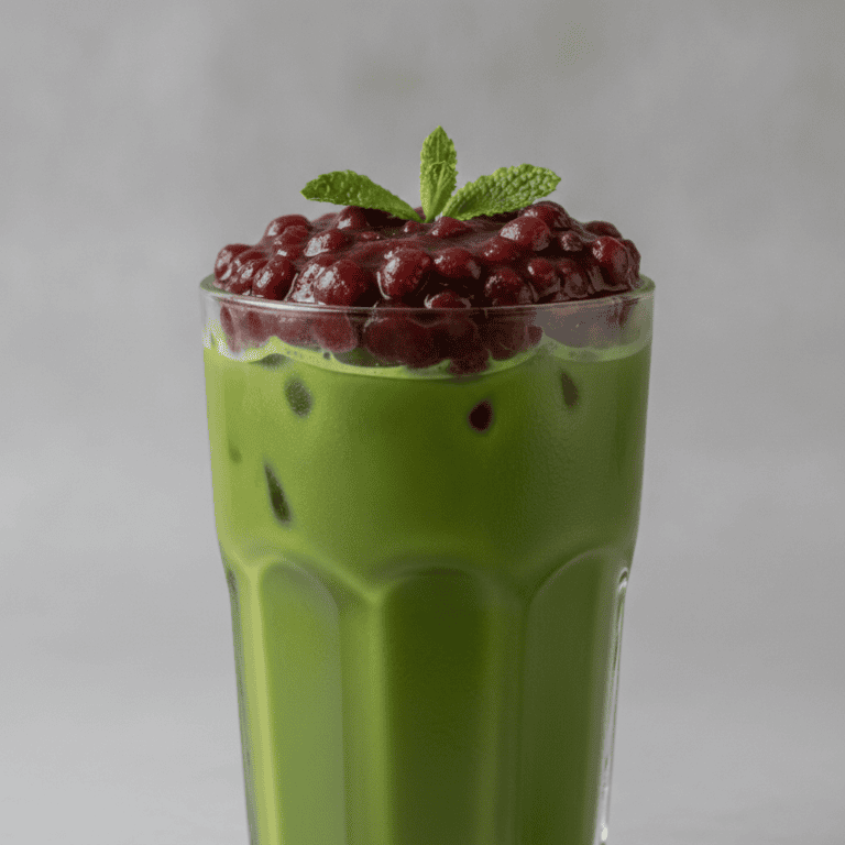 Vaso de té matcha con crema de adzuki, preparado en un robot de cocina Mambo de Cecotec.