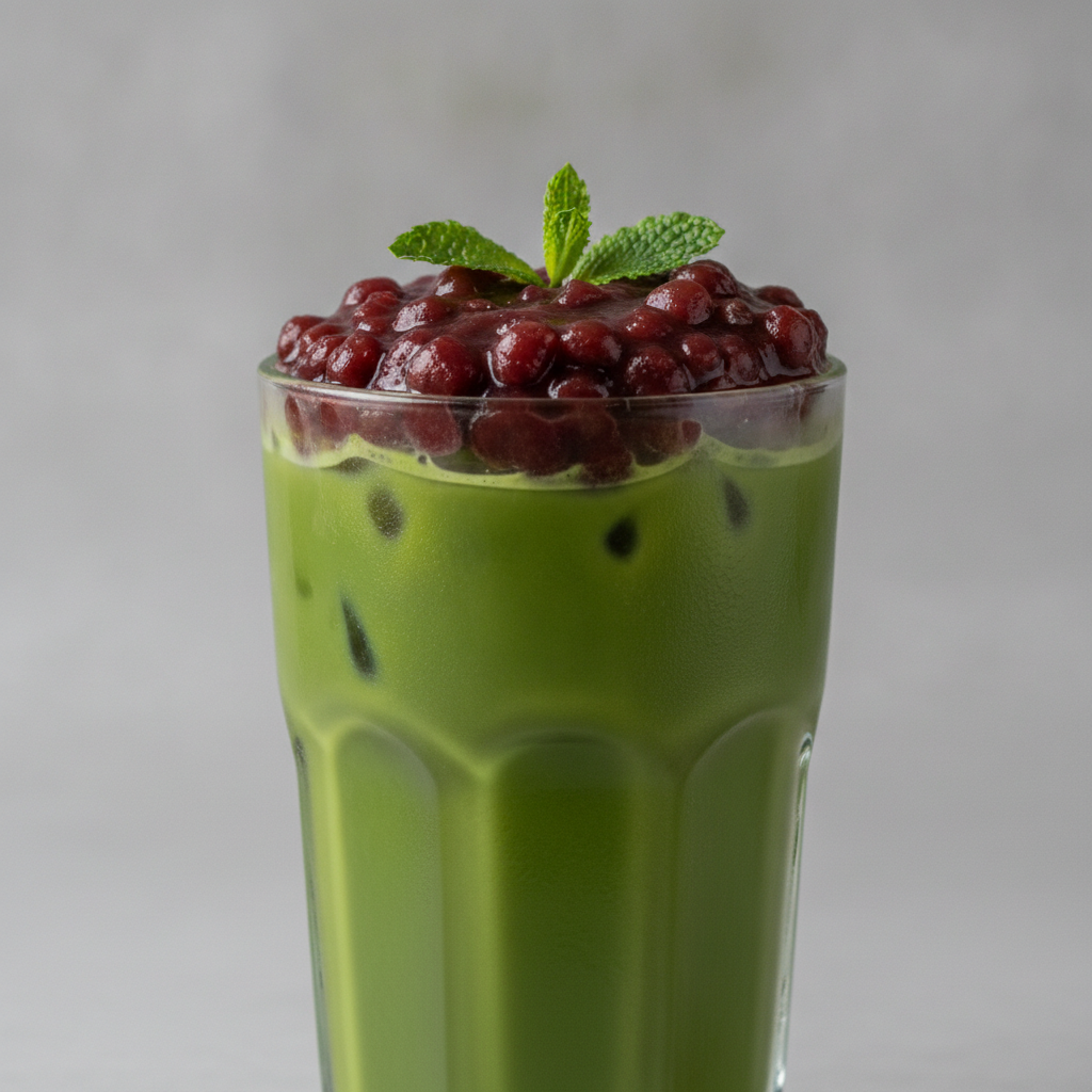 Vaso de té matcha con crema de adzuki, preparado en un robot de cocina Mambo de Cecotec.