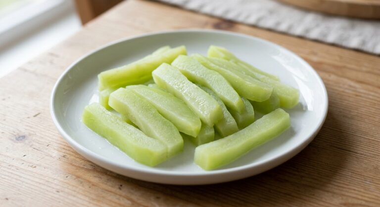 Tiras de chayote suaves al vapor en un plato colorido, perfectas para bebés que empiezan a comer sólidos.